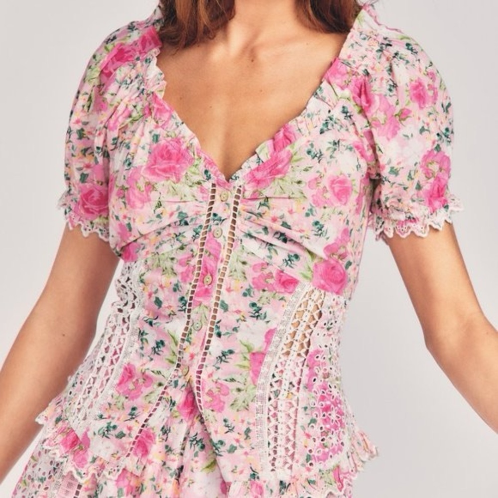 LoveShackFancy Bryant Top Blouse MAGENTA FLOWER FIELDS Size 2